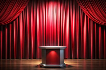 Red curtain with a white podium in the middle