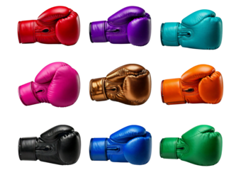 A set of boxing gloves in various colors hang from a hook, ready for use, isolated on a transparent or white background.