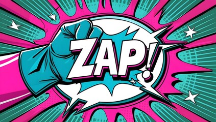 Obraz premium Comic Pop Art “ZAP!” Punch – Superhero Glove with Electric Burst and Retro Style