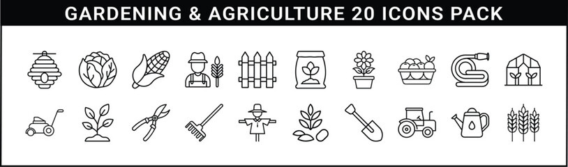 Gardening and Agriculture Line Icon Collection - Set of 20 outline icons showing tools, plants, and equipment related to gardening, farming, and sustainable agriculture.