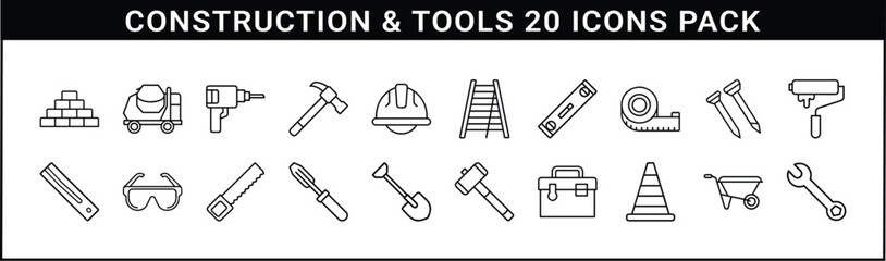Construction and Tools Line Icon Vector Set - Collection of 20 black line icons featuring construction equipment, hand tools, and safety gear for building, repair, and industrial design needs.