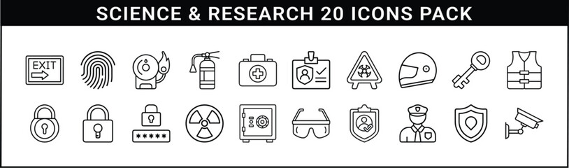 Science, Safety, and Research Line Icon Set - Set of 20 black line icons representing science, research, laboratory safety, and secure access for academic, industrial, or technical use.
