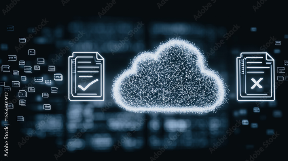 Poster cloud data iconography: a digital representation of cloud computing, featuring a glowing cloud and d