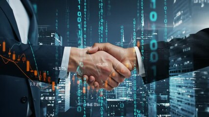 Two Business People Shaking Hands with Digital Binary Code Overlay and Cityscape Background in Dark Blue Suits - Powered by Adobe