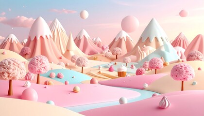 Surreal Candy Land Landscape with Pink Mountains and Sweet Trees