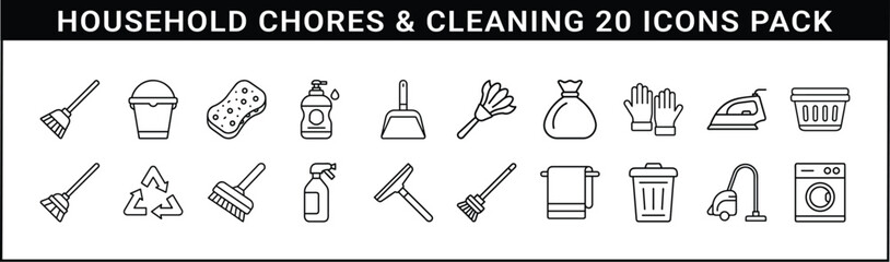 Household Chores and Cleaning Line Icon Set - Set of 20 black line icons representing home cleaning tools, laundry, and household chores for domestic organization and hygiene visuals.