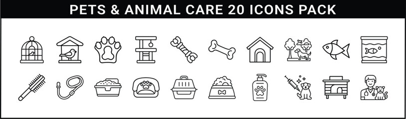 Pets and Animal Care Line Icon Set - Outline icon pack of 20 pet care elements, including animals, grooming tools, feeding, toys, and veterinary symbols.
