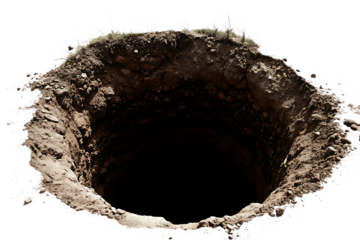 Deep hole in ground isolated on a white background png ai generated
