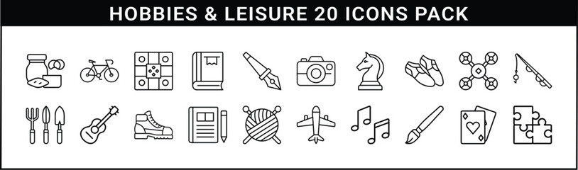 Obraz premium Hobbies and Leisure Line Icon Vector Set - Set of 20 black line icons representing fun pastimes, creative activities, and relaxing leisure pursuits for lifestyle and recreational content.