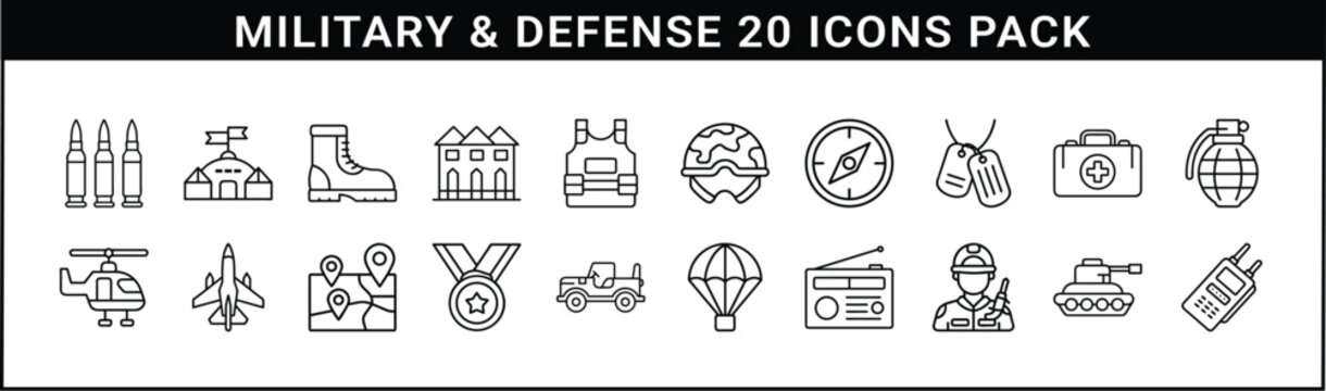Military and Defense Line Icon Vector Set - Set of 20 black line icons representing military equipment, tactical gear, vehicles, and defense operations for army and security-related visuals.