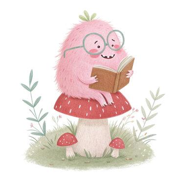 monster cartoon Wearing glasses and sitting on a mushroom reading a book Clipart Watercolor