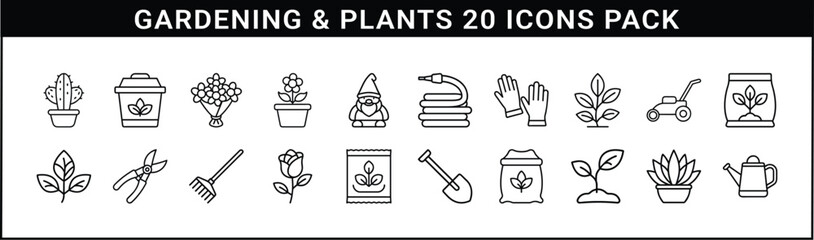 Gardening and Plants Outline Icon Collection - A clean and minimal set of 20 gardening-themed icons, perfect for home garden, landscaping, and plant care visuals.