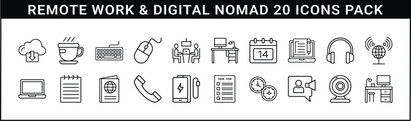 Remote Work and Digital Nomad Icons Set - Minimalist outline icons representing tools and concepts of remote work, freelancing, coworking, virtual meetings, and productivity.