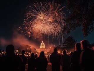 Low-Angle Fireworks Over Capitol Building with Sparkler Crowd Silhouettes and Long Exposure Light Trails - Cinematic Night Photography