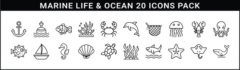 Marine Life and Ocean Wildlife Line Icon Set - A detailed pack of 20 marine-themed line icons featuring sea animals, ocean objects, and underwater life elements.