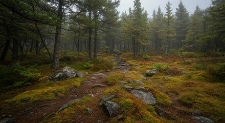 Misty forest path
