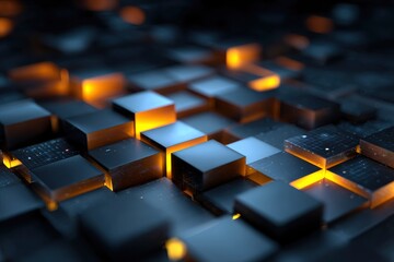 Array of dark cubes illuminated with golden light from beneath some featuring grid patterns on top
