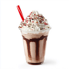 Milkshake in clear plastic cup with whipped cream and straw