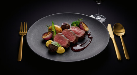 Gourmet Sliced Lamb with Roasted Vegetables Puree Red Wine Sauce Elegant Dark Plate Presentation