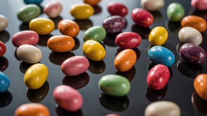 Colorful jelly beans scattered on glossy black surface