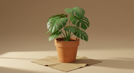 Monstera plant in terra cotta pot on a beige backdrop botanical illustration