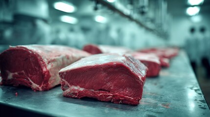 Fresh raw beef cuts on stainless steel table in industrial meat processing facility. Butchery, food production, meat industry and culinary ingredients concept.