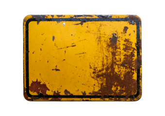 Weathered yellow warning sign with faded patterns isolated on a transparent or white background.