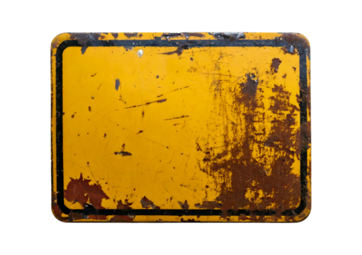 Weathered yellow warning sign with faded patterns isolated on a transparent or white background.