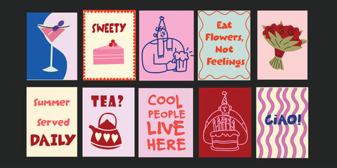 Stylish restaurant and cafe summer banners with florals, cherries, and cool drinks.
