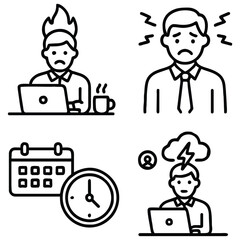Black and White Outline Icons of Office Burnout, Stress, Deadlines, and Mental Pressure in Hybrid Workplace