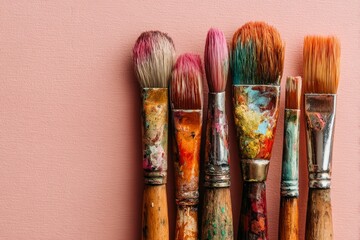 Fototapeta premium Used colorful paintbrushes lined up against pink background