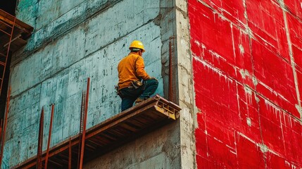 Builder in a construction helmet is involved in the construction of building