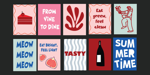 Colorful summer party banners with berries, cocktails, and smiling people outdoors.
