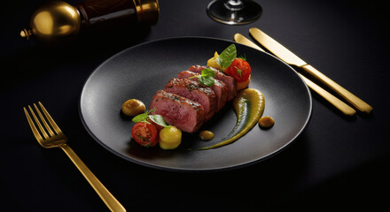 Gourmet Sliced Grilled Lamb Steak Dinner Plate Elegant Black Table Setting Fine Dining