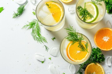 Refreshing summer lemonade with ice, dill, lemon and orange on white table