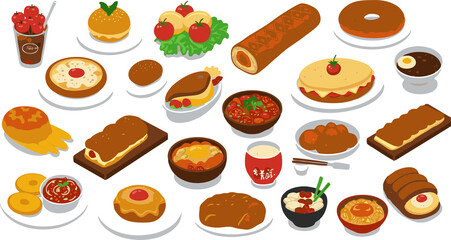 Flat Vector Icons of Asian and Western Food Dishes and Snacks

