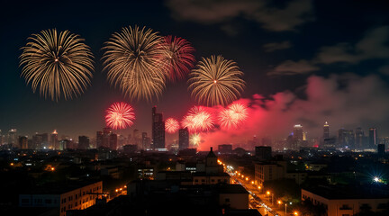 Spectacular fireworks illuminate the night sky above a sprawling cityscape marking a festive celebration
