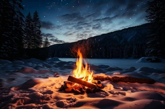 Warm campfire flickering in snowy winter evening creating a peaceful relaxing atmosphere

