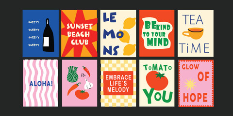 Trendy café graphics for summer with cherries, citrus drinks, and flower accents.
