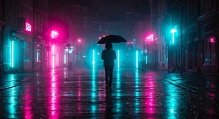 Person walking neon city street night