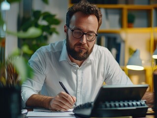 Accountant performs his work professionally at his workplace, he loves his job very much
