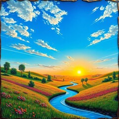 Serene Nature Landscape with Mountains, River, and Sunset Sky &ndash; Ideal Background for Design and Print, Generated AI