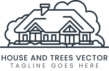 Simple vector outline design of a house surrounded by trees