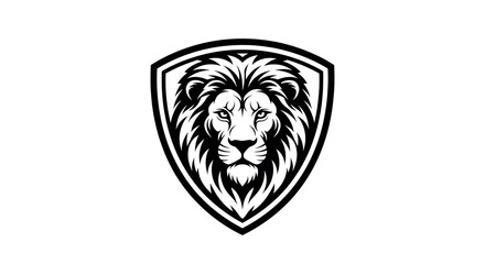 Obraz premium Monochrome Lion Head Emblem In a Shield Shape Isolated on White Background Graphic Vector Design