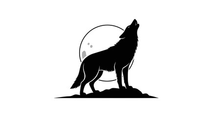 Obraz premium Silhouetted Wolf Howling at a Full Moon Against a Stark White Background