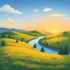 Serene Nature Landscape with Mountains, River, and Sunset Sky &ndash; Ideal Background for Design and Print, Generated AI