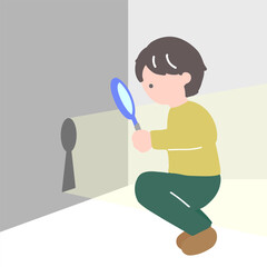 小さな鍵穴をしゃがんで虫眼鏡で見ようとしている男性のイラスト