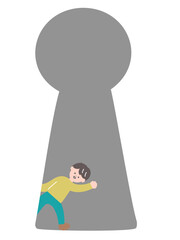 鍵穴から男性がひょっこり出てくるイラスト　大きな鍵穴と小さい人物