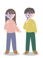 虫眼鏡を覗く若い私服の男女の可愛いイラスト
