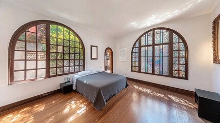 A bedroom with an arch window and a gray bed.
